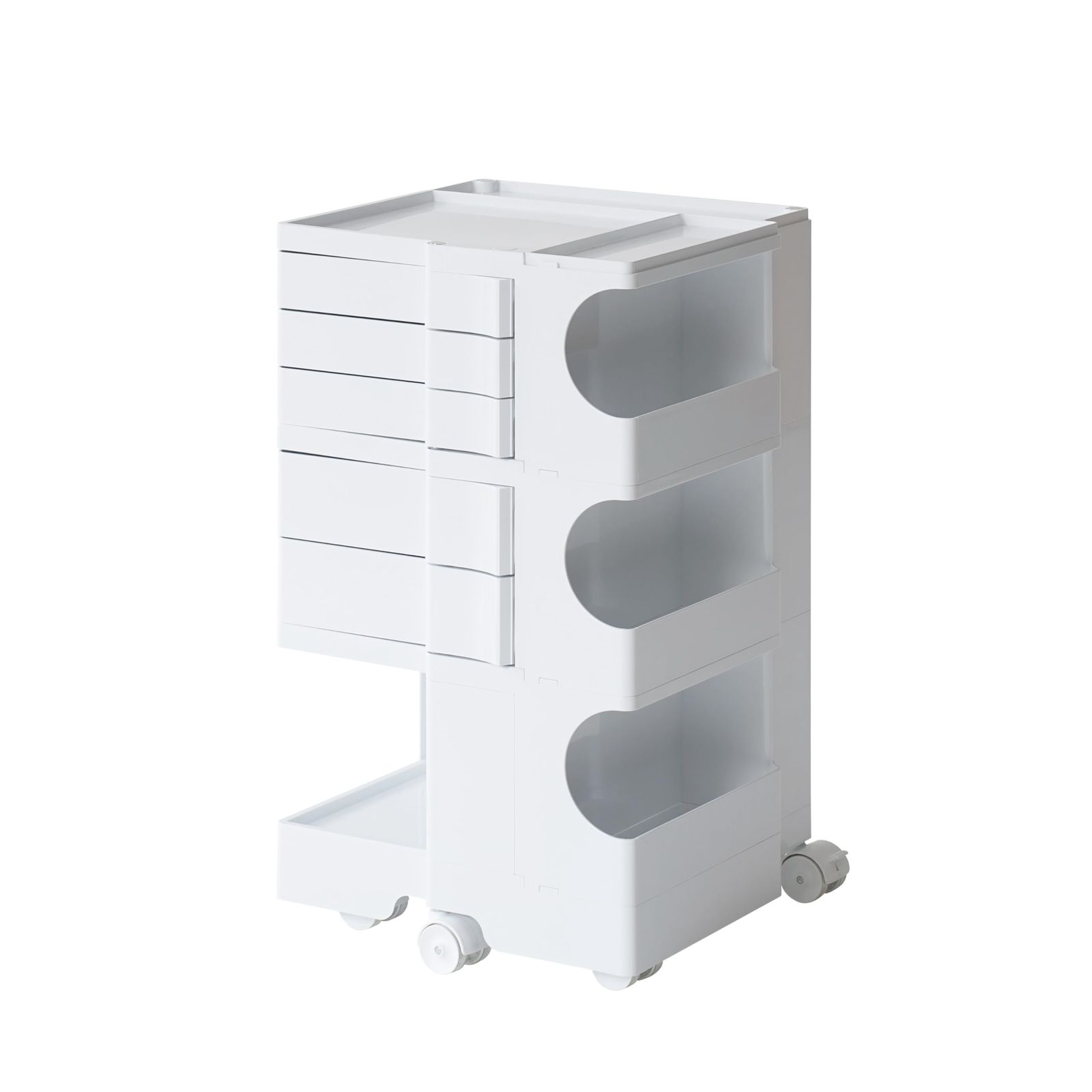 ボビーワゴン 回転式手押し車 2段 3段 5トレイロック式キャスター ボビーワゴン ウッドトレイ付き ホワイト 3段5トレイ