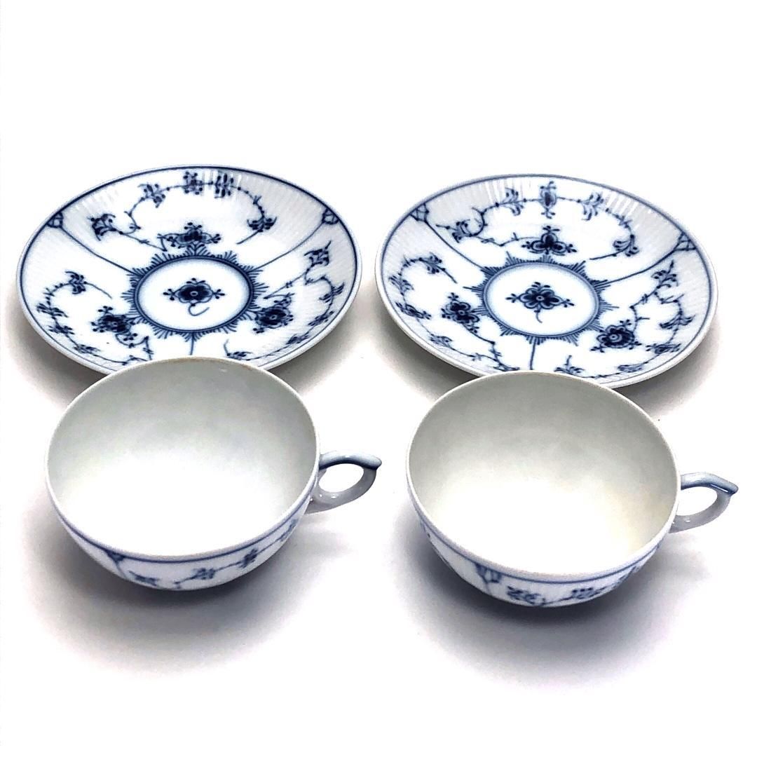 Royal Copenhagen ロイヤルコペンハーゲン ブルーフルーテッド プレイン ペア カップ＆ソーサー 陶器 ホワイト ブルー