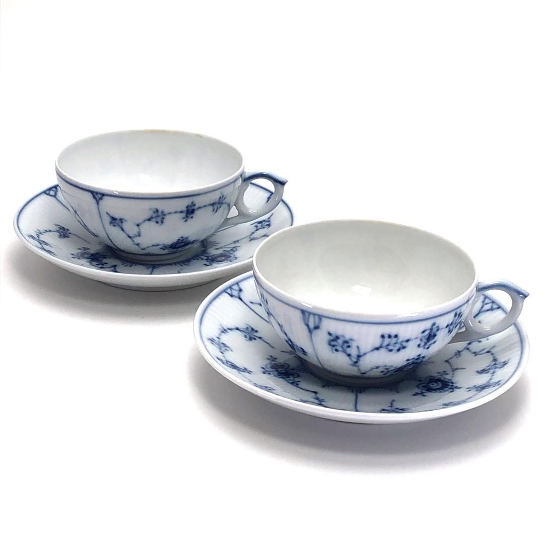 Royal Copenhagen ロイヤルコペンハーゲン ブルーフルーテッド プレイン ペア カップ＆ソーサー 陶器 ホワイト ブルー