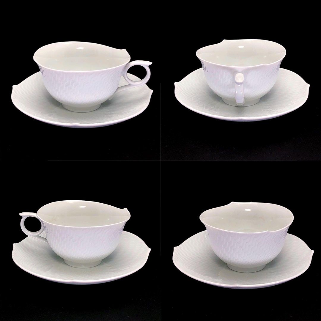 meissen マイセン 波の戯れ ペア ティー カップ-ソーサー 陶器 ホワイト