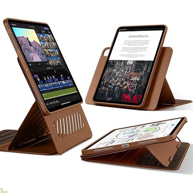 ESR iPad Pro 13インチ ケース M5|M4 2025|2025 取外し なマグネットカバー付き回転式ケース 縦向き|横向きスタンド 6段階の角度調節 Pencil Pro|USB-C完全対応 Shiftシリーズ ブラウン a