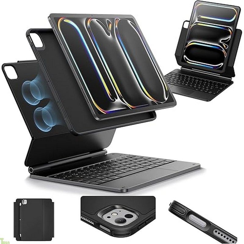 ESR iPad Pro 13 M5|M4 2025|2025 キーボード付きケース 簡単セット磁気スタンド付き 縦向きモード 横向きモード 脱着 保護ケース Rebound 360シリーズ ブラック a