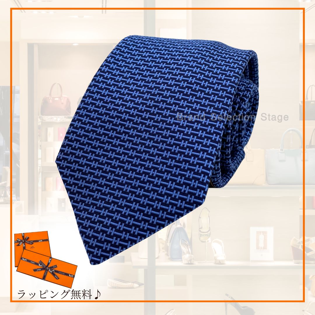 エルメス HERMES ネクタイ へヴィシルクタイ H GRRRRR 7 CM MARINE | CIEL 紺 青 水色 ネイビー ブルー 総柄 ロゴ H柄 シルク メンズ 男性 ギフト プレゼント シルク 100％ H339299T
