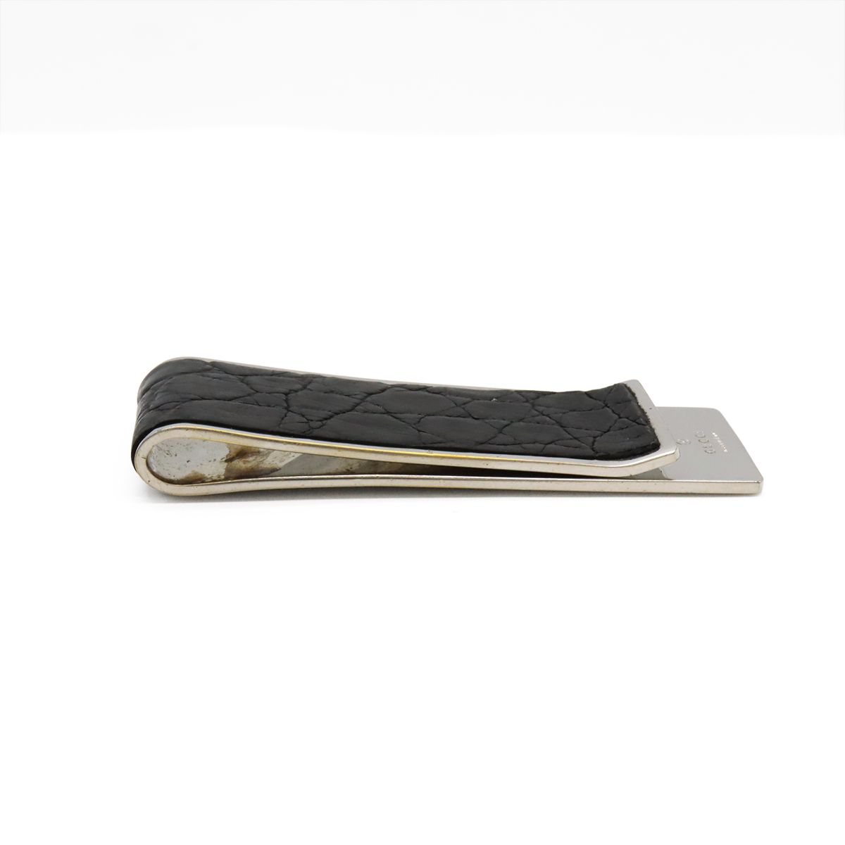 GUCCI グッチ マネークリップ ビルクリップ 札ばさみ クロコ型押し レザー ブラック 黒 シルバー金具