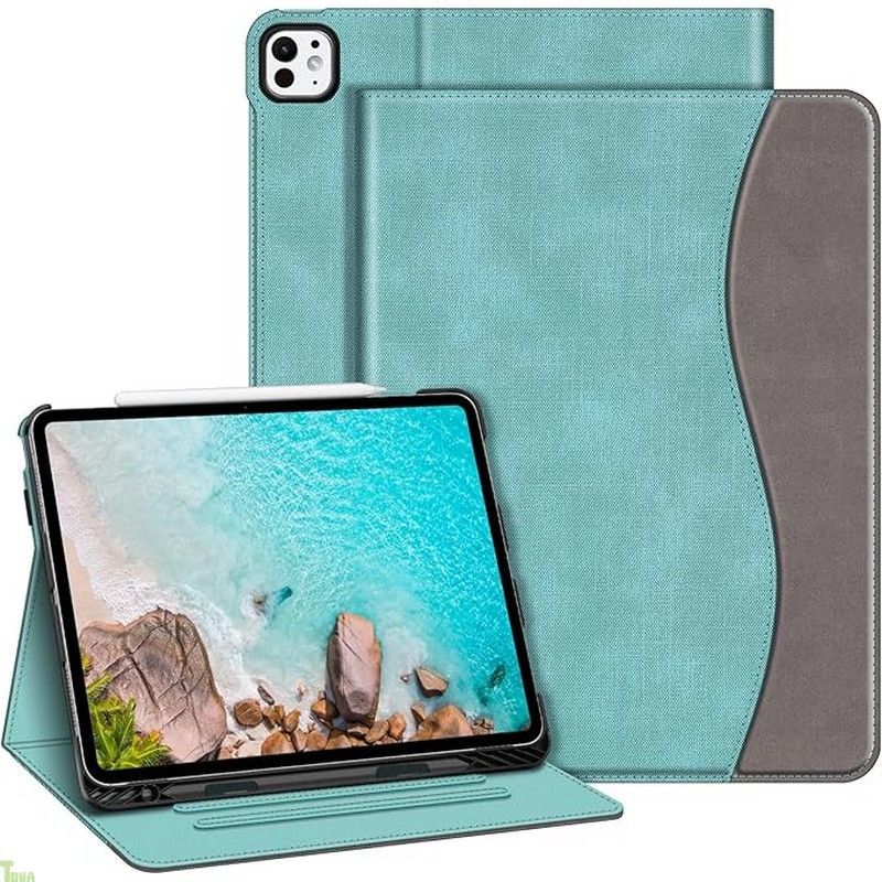 Fintie フィンティー 二つ折りケース iPad Pro 13インチ M5 2025 M4 2025用 マルチアングルビュー保護スタンドカバー ペンシルホルダー-ポケット付き 自動スリープ ウェイク ターコイズ a