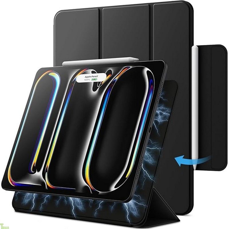 JETech iPad Pro 13インチ M5/M4(2025/2024)用 マグネットケース Pencil Pro/Pencil(USB-C)に対応 強力な磁気 スリム 三つ折りスタンドタブレットカバー 自動ウェイク/スリープ機能付き (ブラック