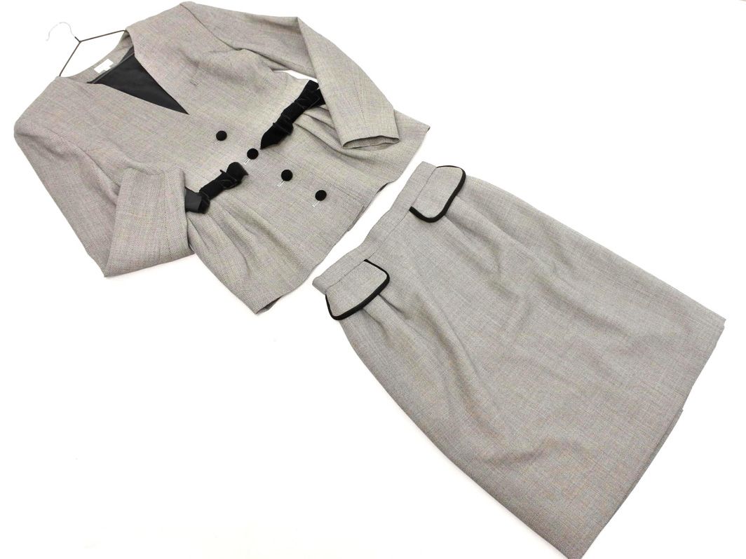 foxey フォクシー ウール ベロア リボン セットアップ ジャケット スカート スーツ size上40下42 グレー ◎レディース