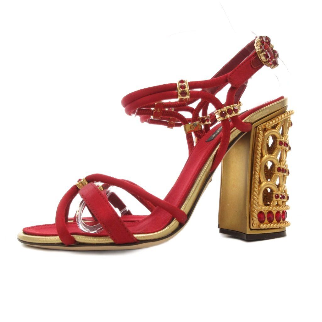 ドルチェ-ガッバーナ ドルガバ DOLCE-GABBANA JEWELLED STRAPPY SANDALS サンダル シューズ ハイヒール ストラップ ビジュー 37 赤 レッド ゴールド AE GY19