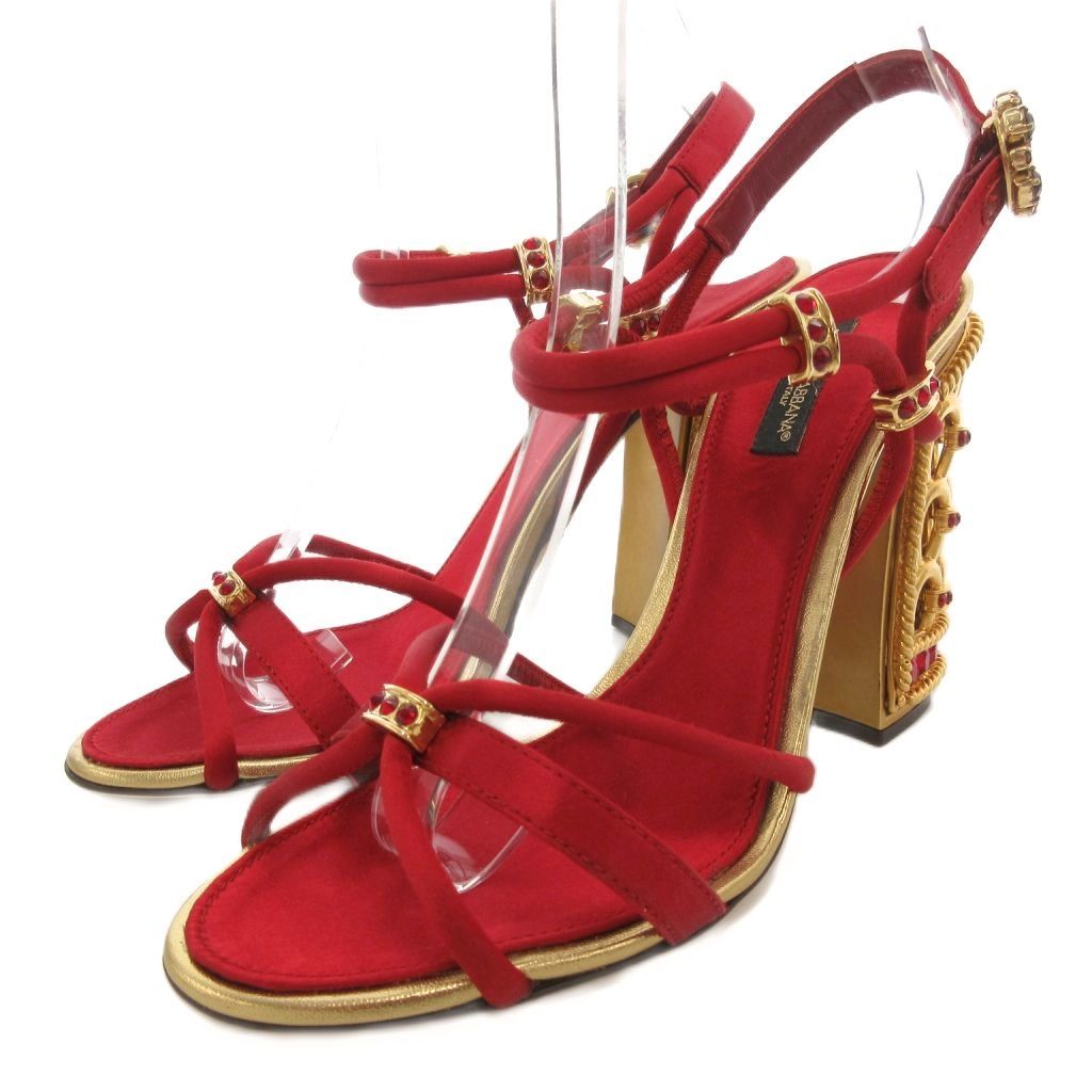 ドルチェ-ガッバーナ ドルガバ DOLCE-GABBANA JEWELLED STRAPPY SANDALS サンダル シューズ ハイヒール ストラップ ビジュー 37 赤 レッド ゴールドカラー |AE GY19