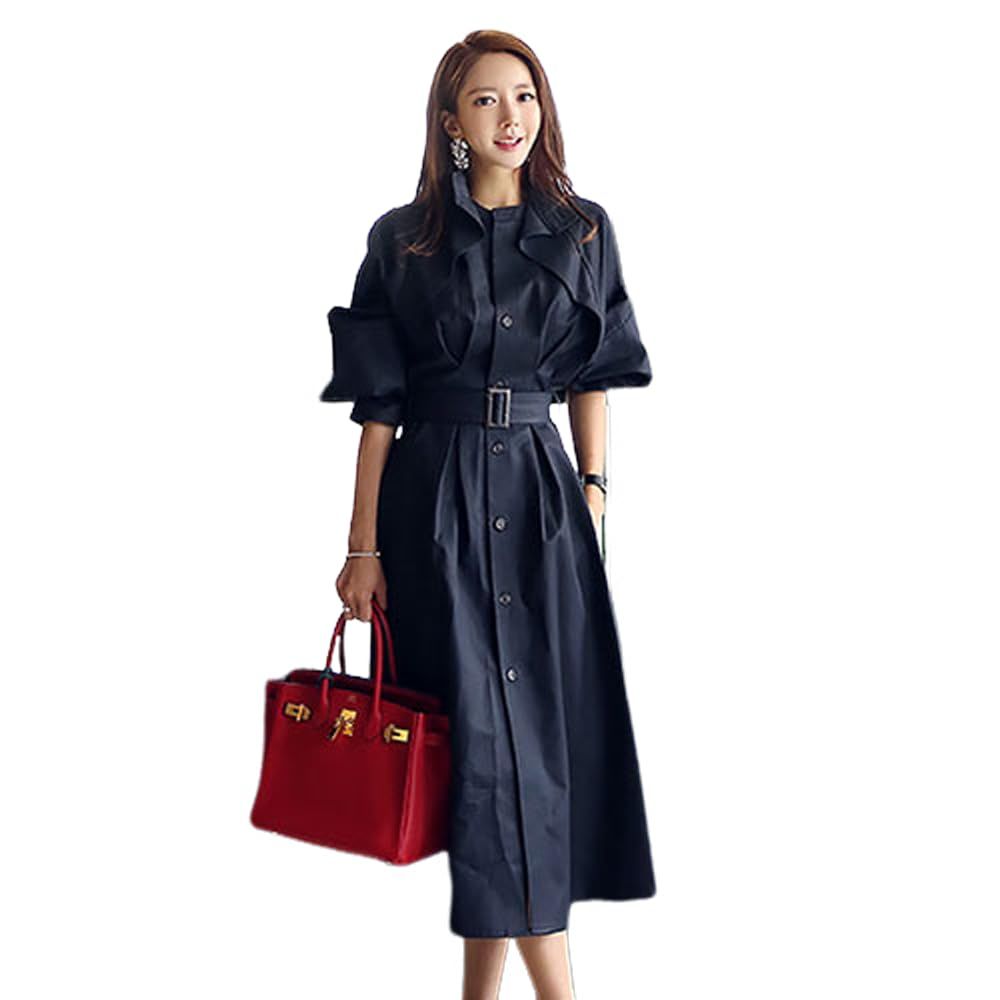 GRAXIA グラシア キャバドレス ロングドレス パフスリーブ ハイウエスト ワンピース キャバ嬢 キャバクラ ラウンジ 五分袖 トレンチ風 レディース ネイビー XLサイズ