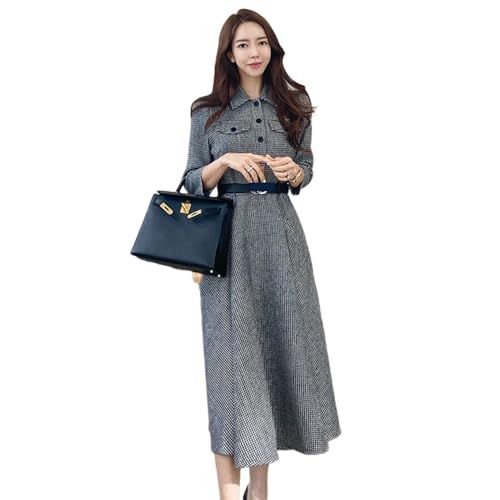 GRAXIA グラシア キャバドレス ロングドレス フ Aライン ハイウエスト ワンピース キャバ嬢 キャバクラ ラウンジ 七分袖 千鳥柄 クラシカル レディース ブラック Lサイズ