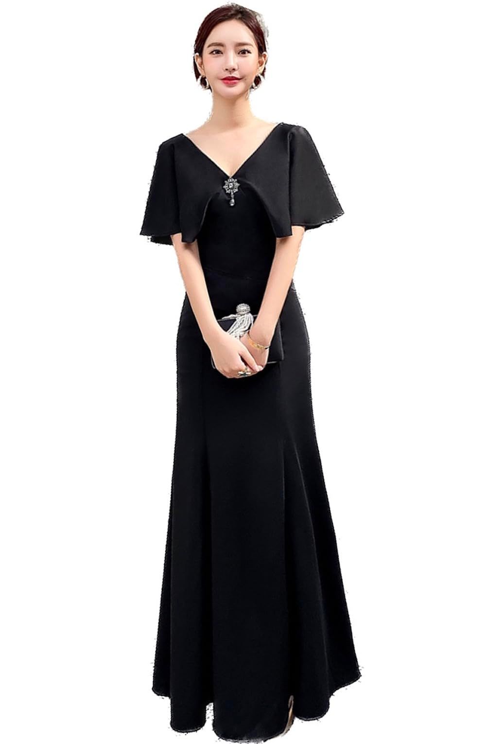 EightSTAR Dress パーティードレス 袖あり マザーズドレス 母親 結婚式ワンピース 黒 発表会 ロング 大人 Vネック イブニングドレス 親族 30代 40代 50代 ミセス M ブラック