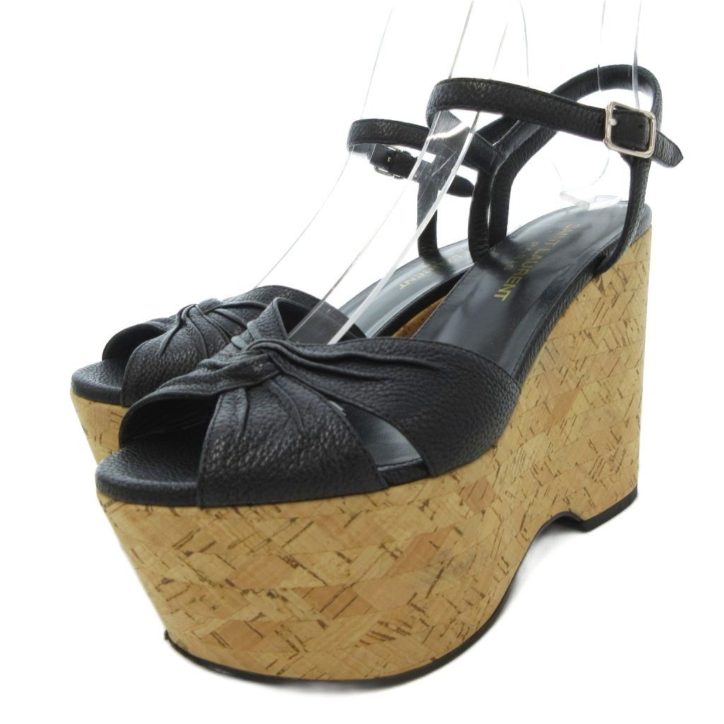 サンローラン パリ SAINT LAURENT PARIS サンダル シューズ ウェッジソール コルク 厚底 ハイヒール ストラップ 36 23cm ベージュ 黒 ブラック |AE GY18