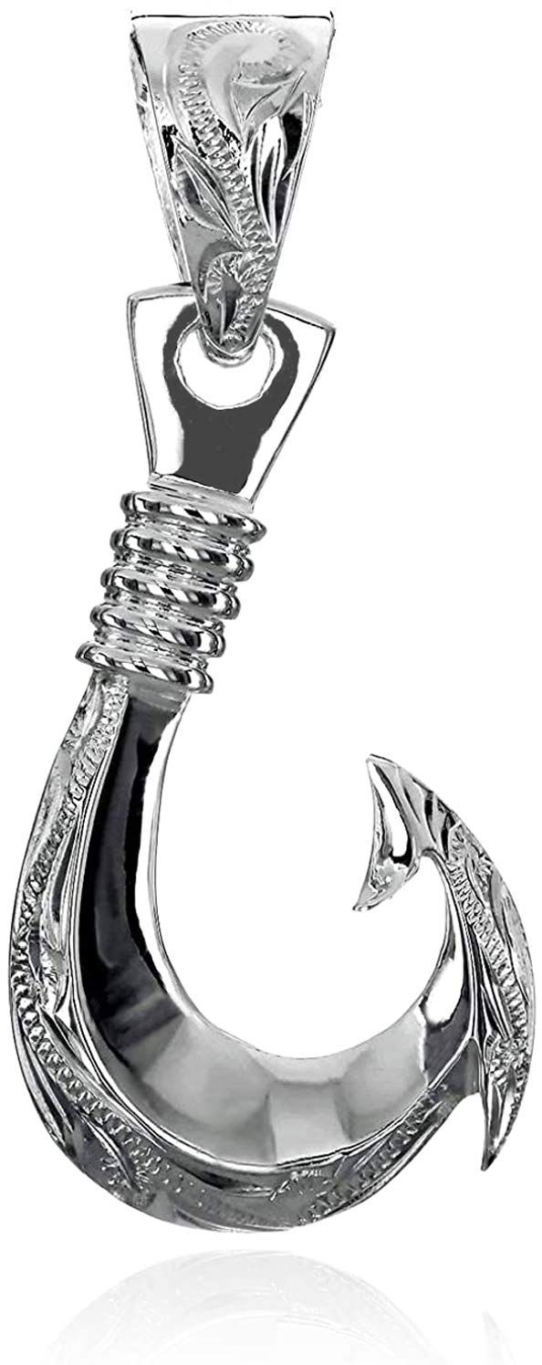 迅速発送 レイラニ ハワイアンジュエリー 釣り針 スクロール彫り フィッシュフック ペンダント ネックレス メンズ シルバー 925