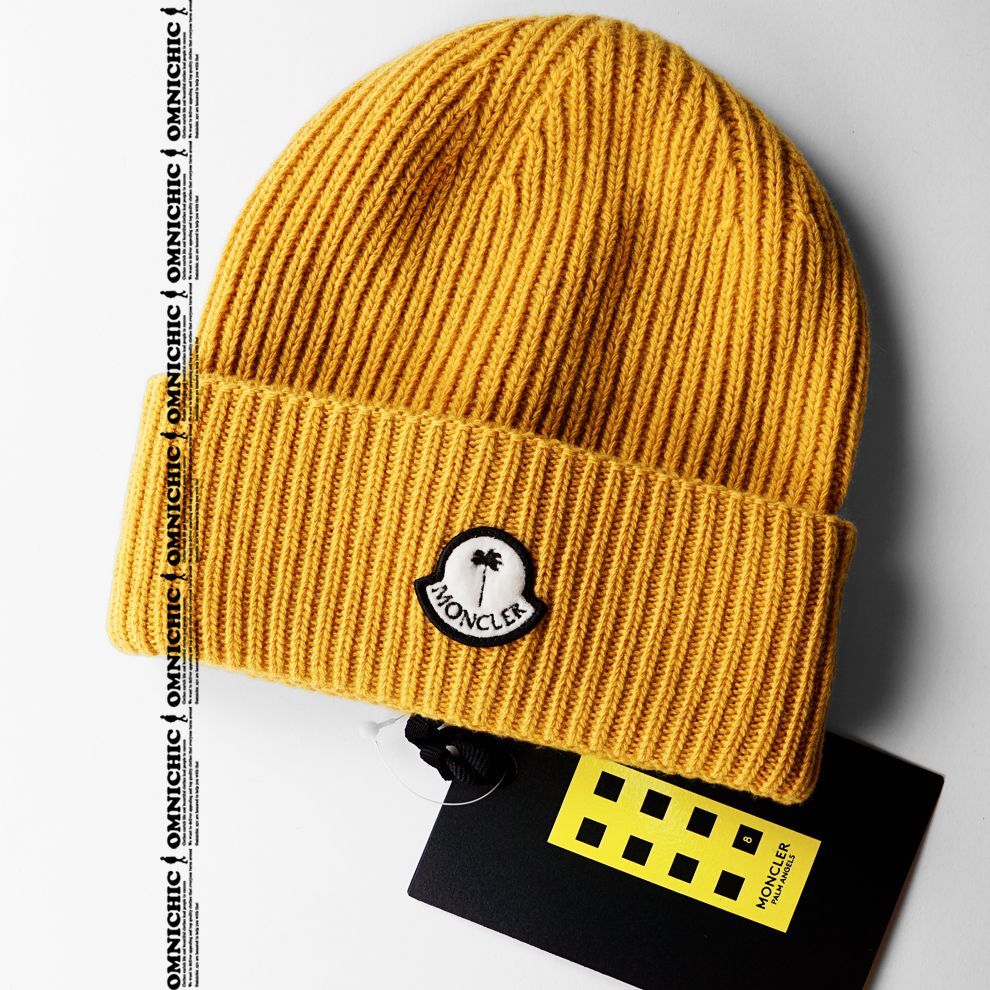 理想的な 23-24AW 秋冬 安心の MONCLER GENIUS PALM ANGELS モンクレール パーム エンジェルス ロゴ ウール リブ ニット キャップ 黄