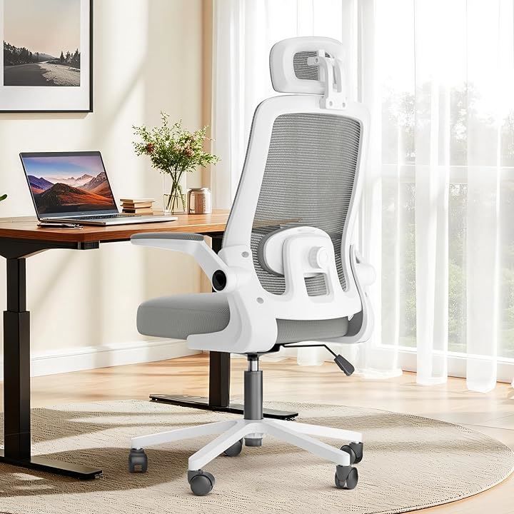 Comfora オフィスチェア 椅子 デスクチェア 疲れない人間工学 跳ね上げ式アームレスト 2Dヘッドレスト 腰サポート 通気性メッシュ 長時間 座れる お宅 在宅ワーク pcチェア パソコン 事務椅子 グレー 大型