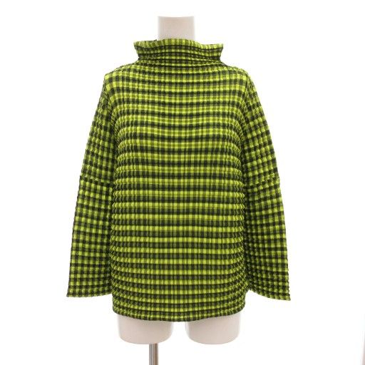 ミーイッセイミヤケ me ISSEY MIYAKE カットソー ハイネック ギンガムチェック 長袖 黄緑 ライトグリーン AE GY17