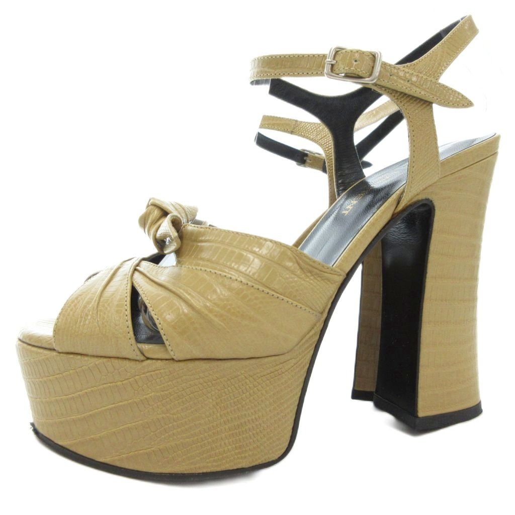 サンローラン パリ SAINT LAURENT PARIS サンダル シューズ プラットフォーム ハイヒール ストラップ リボン 35 22cm ベージュ AE GY18