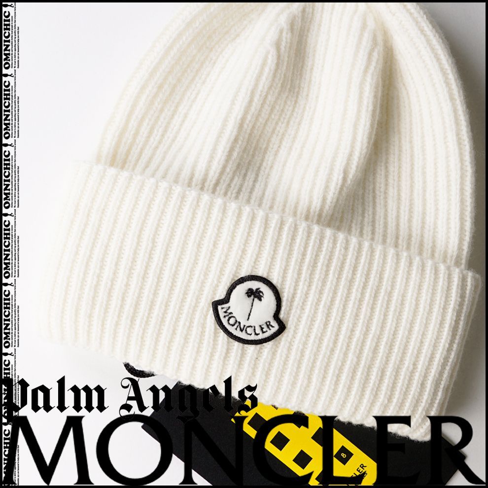 秋冬 安心の 23-24AW MONCLER GENIUS PALM ANGELS モンクレール パーム エンジェルス ロゴ ホワイト ウール リブ ニット キャップ 白