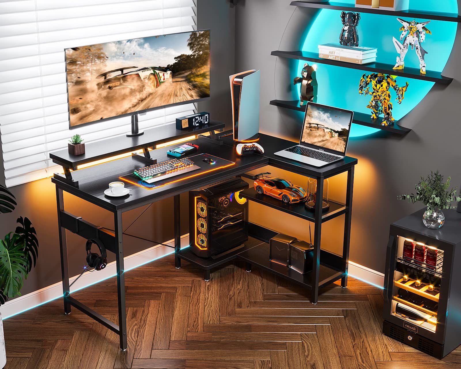 ODK l字デスク パソコンデスク L字型 ゲーミングデスク デスク 机 幅120cm pcデスク コンセント付き desk ラック付き 収納 オフィスデスク 省スペース 在宅勤務 組立簡単 書斎 ブラック