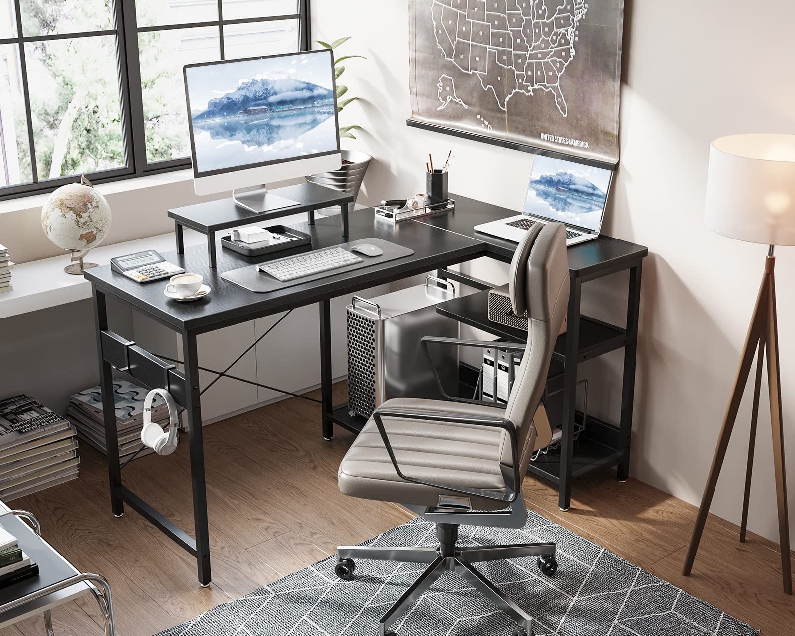 ODK パソコンデスク l字デスク ゲーミングデスク L字型 デスク 机 幅120cm ラック付き pcデスク desk 収納 オフィスデスク 在宅勤務 書斎 組立簡単 ブラック