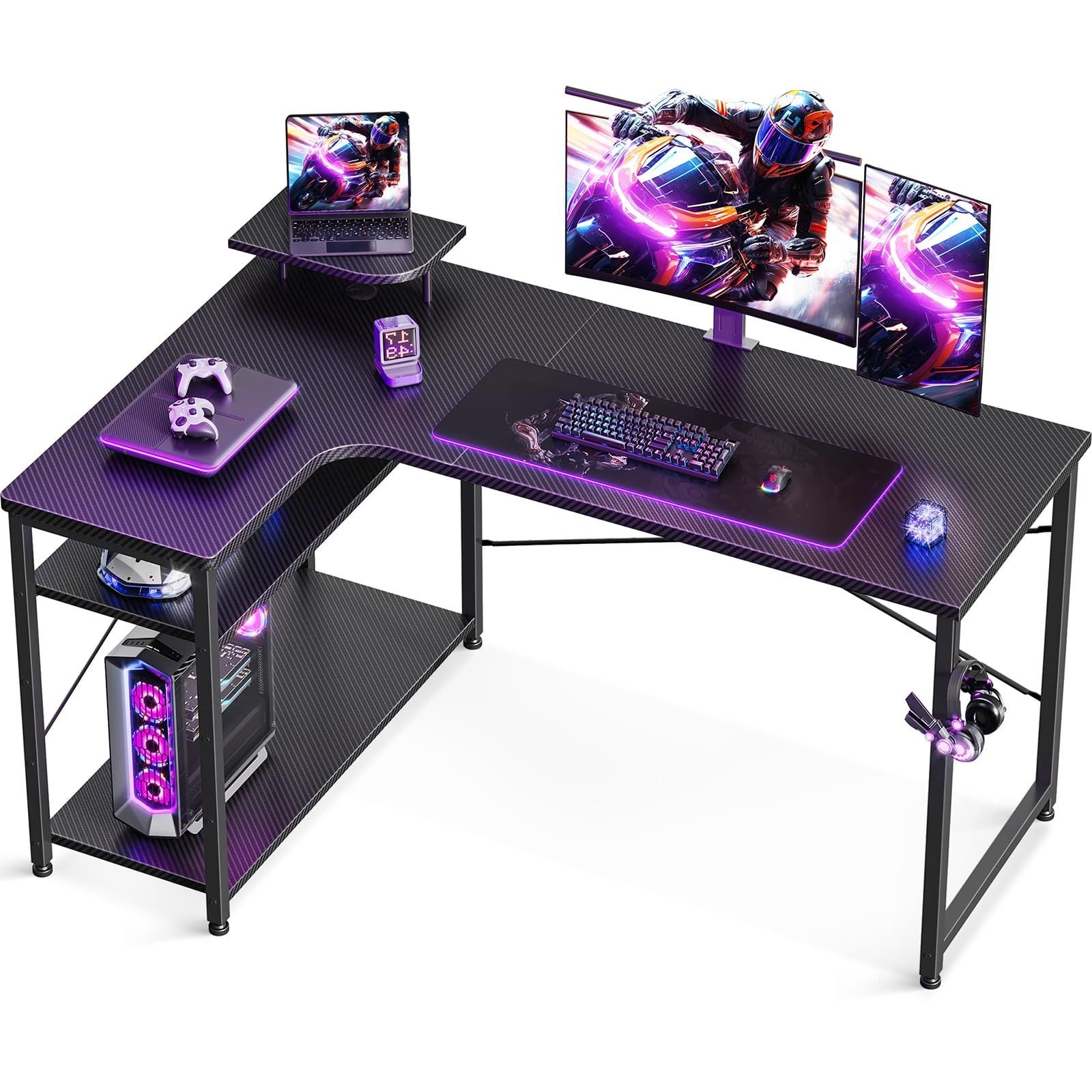 迅速発送 ODK パソコンデスク L字 ゲーミングデスク 幅130 L字デスク 机 desk ラック付き デスク 収納 pcデスク オフィスデスク 在宅勤務 組立簡単 書斎 カーボンブラック 左棚