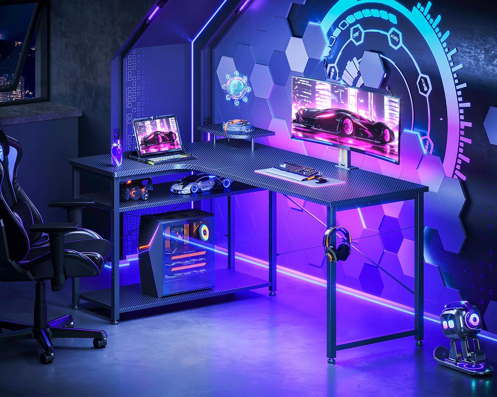 ODK パソコンデスク L字 ゲーミングデスク 幅130 L字デスク 机 desk ラック付き デスク 収納 pcデスク オフィスデスク 在宅勤務 組立簡単 書斎 カーボンブラック 左棚