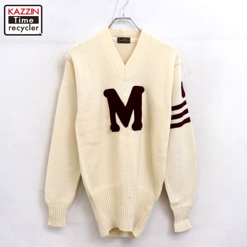50s vintage ART KNITTING MILLS カレッジ レタード Vネック ウール 
