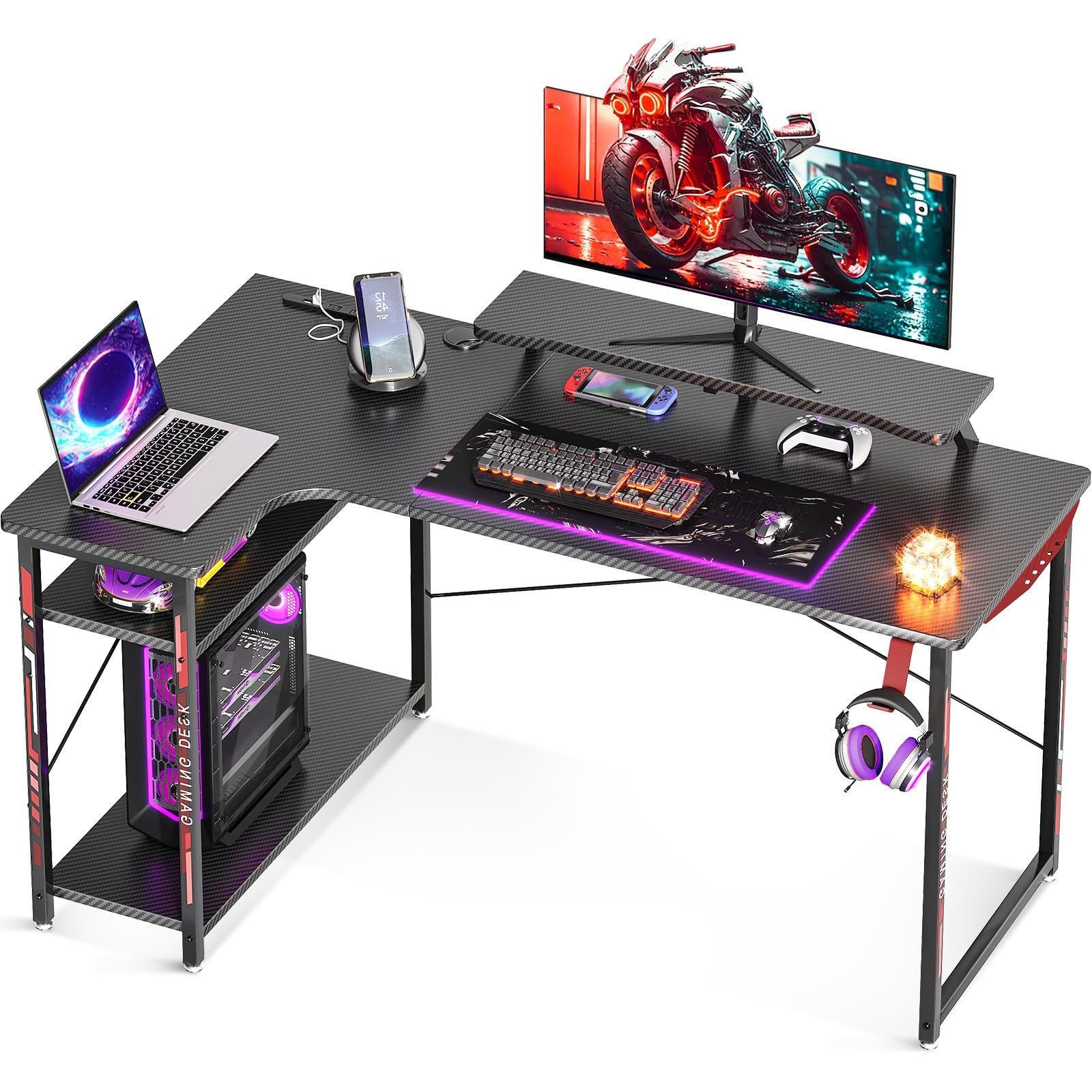 迅速発送 ODK ゲーミングデスク l字 パソコンデスク 幅130 コンセント付き pcデスク デスク 机 ラック付き desk 収納 組立簡単 左棚 Black