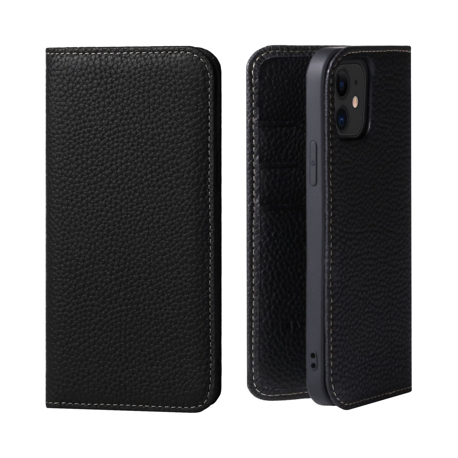 HANATORA iPhone12 12Pro ケース 手帳型 本革 スマホケース スマホ スタンド コードホルダー 付き シュリンクカーフレザー ギフト マグネットなし ブラック PH-12Pro-Black ギフト 誕生日ギフト 女性 彼女 お