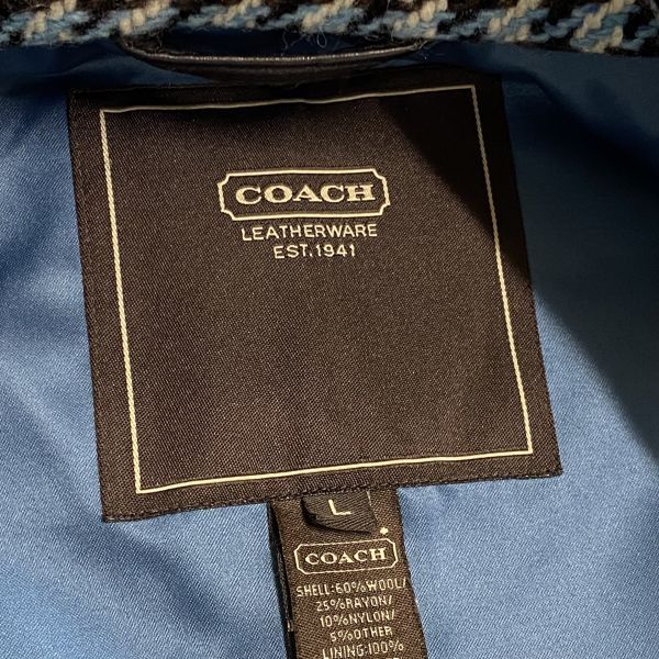 ◇ コーチ COACH ロングコート 長袖 千鳥格子柄 ツイード ブルー 青 黒