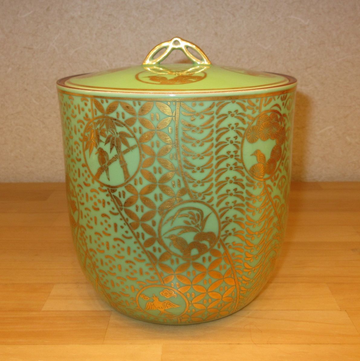 逢絢亭 茶道具 水指 京焼 萌黄 金襴手 花蝶窯 手塚石雲 共箱入り