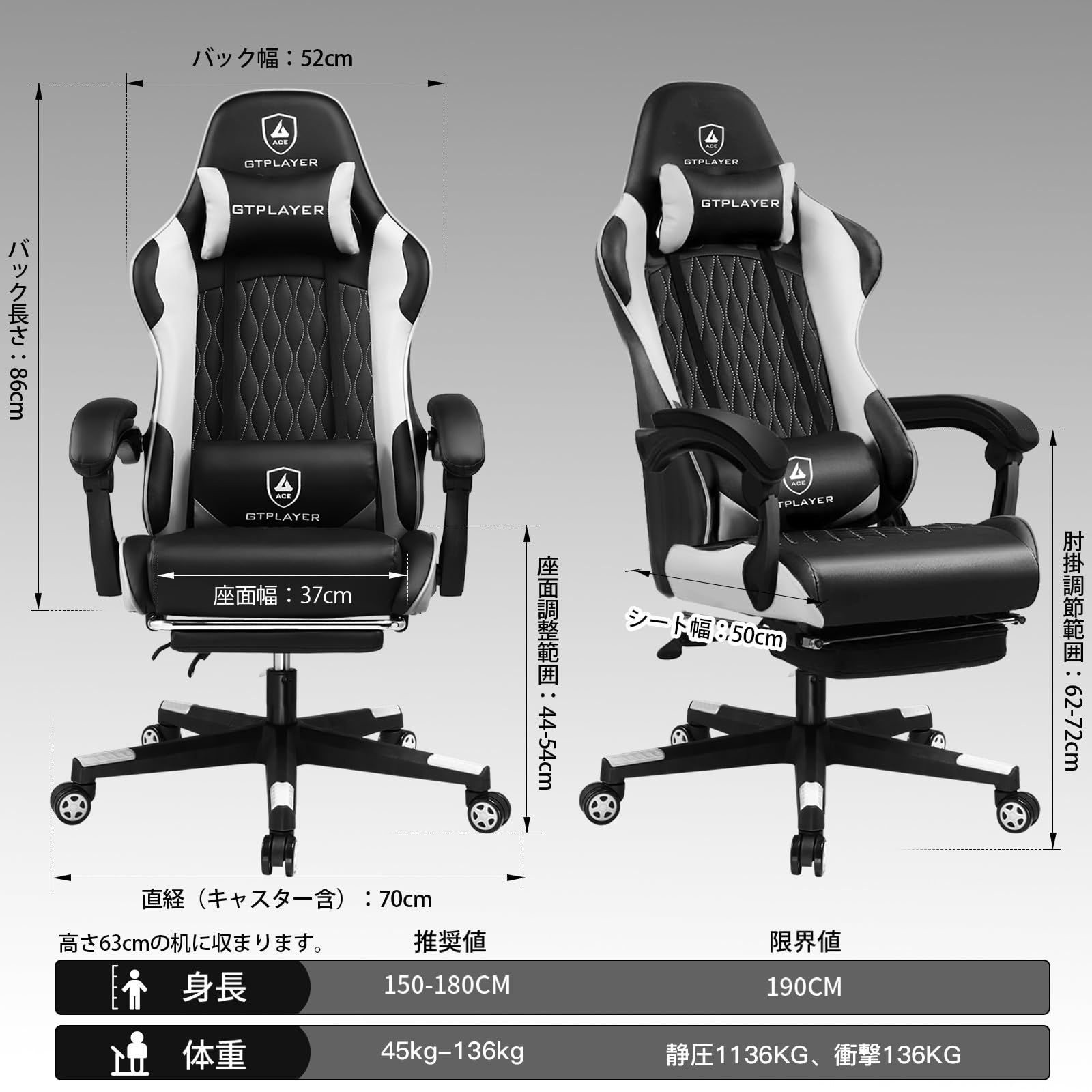 GTPLAYER ゲーミングチェア 白 デスク pcチェア 椅子 テレワーク 145°リクライニング オットマン付き ゲームチェア ハイバック ランバーサポート ポケットコイルが内蔵 PUレザー GTPlayerシリーズ GTP900