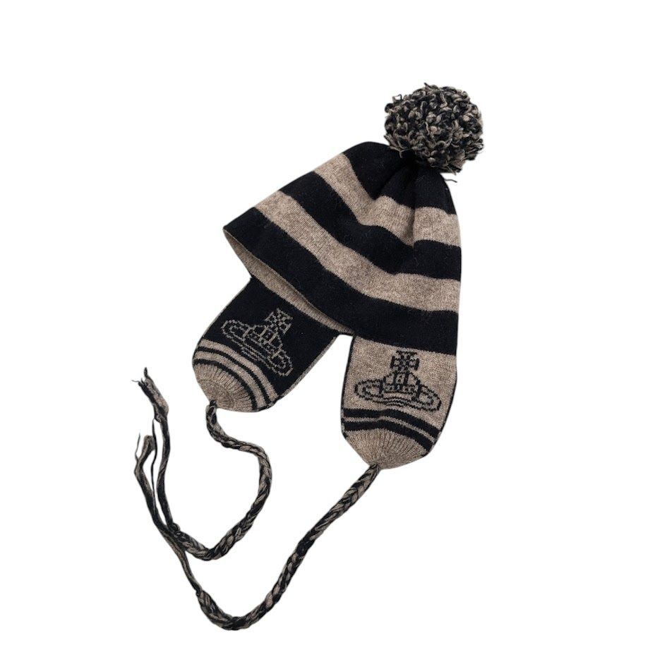 22 Vivienne Westwood ヴィヴィアンウエストウッド ボンボン ニットキャップ ニット帽 耳当て付き ボーダー ブラウン ブラック