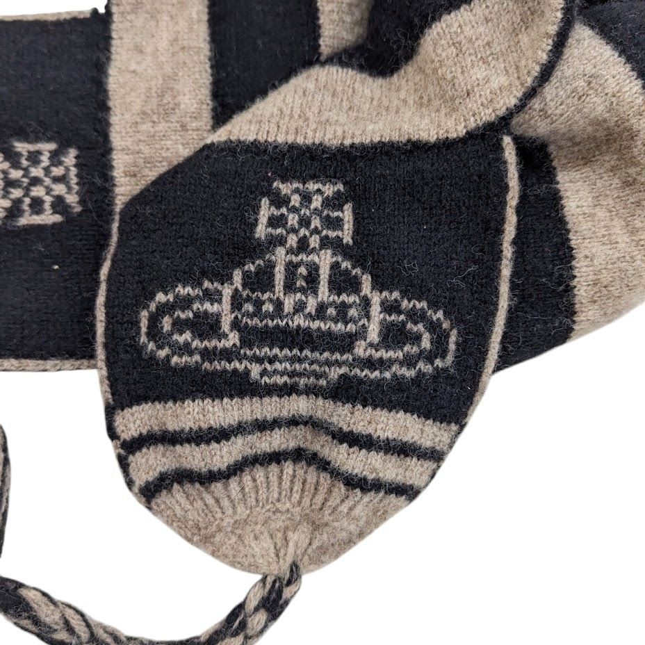 22 Vivienne Westwood ヴィヴィアンウエストウッド ボンボン ニットキャップ ニット帽 耳当て付き ボーダー ブラウン ブラック