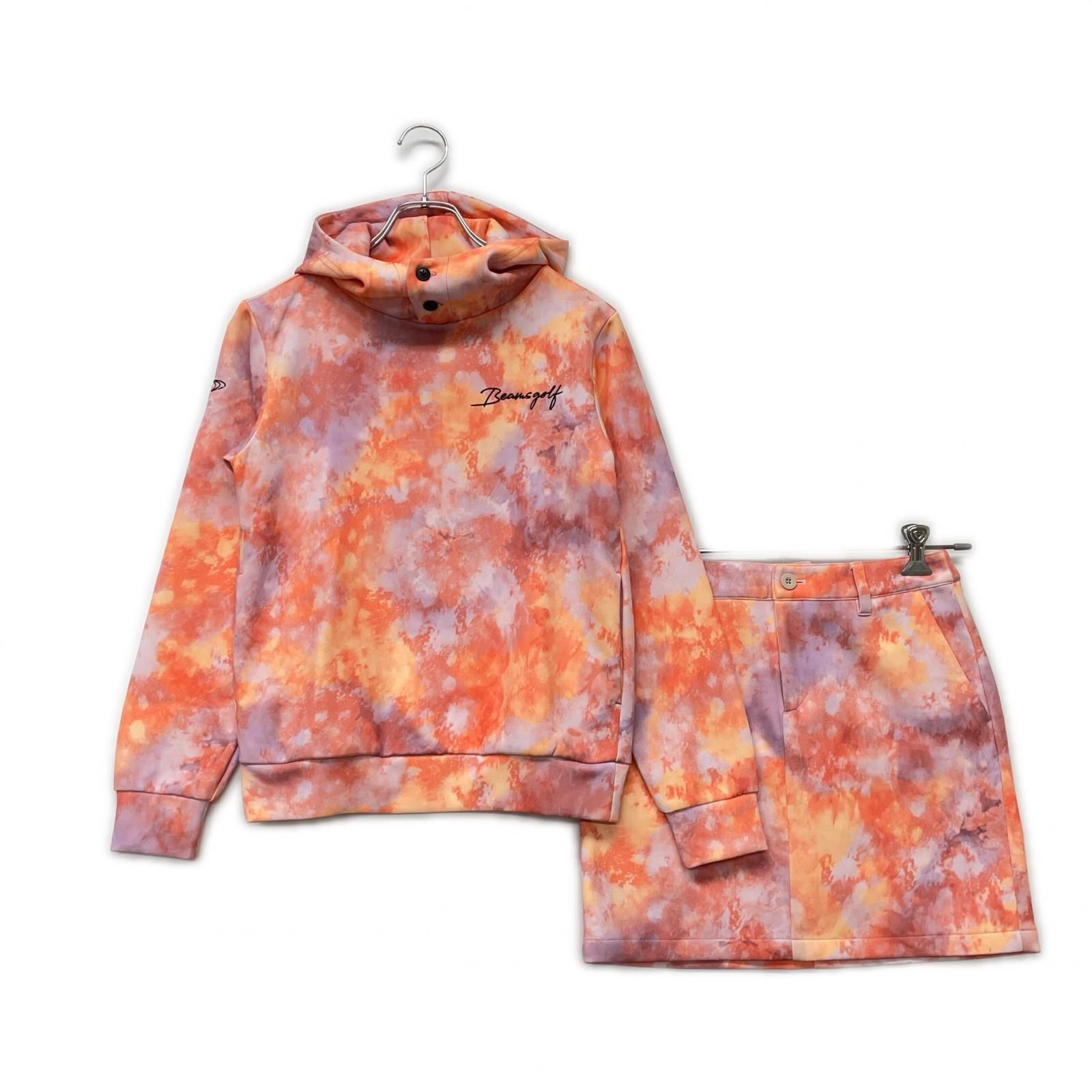 レディース ビームスゴルフ BEAMSGOLF セットアップ S オレンジ系 ダンボールニット タイダイ柄 長袖フーディー×スカート