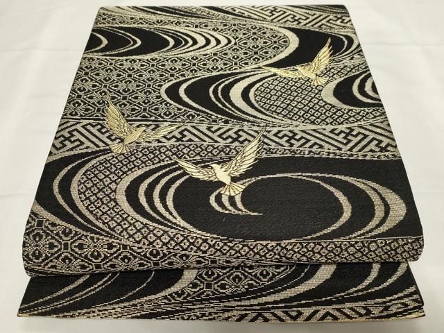 平和屋着物●染色作家　斉藤三才　六通柄袋帯　流水吉祥文　黒地　金糸　正絹　逸品　未使用　CAAZ6437dy 平和屋着物○染色作家 斉藤三才 六通柄袋帯 流水吉祥文 黒地 金糸 正絹