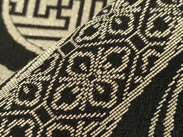 平和屋着物○染色作家 斉藤三才 六通柄袋帯 流水吉祥文 黒地 金糸 正絹