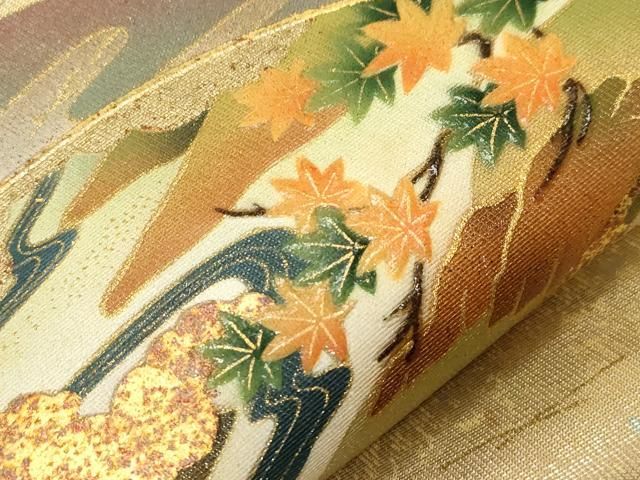 平和屋着物○漆工芸作家 金森一博 六通柄袋帯 地紙人物文 金彩 正絹