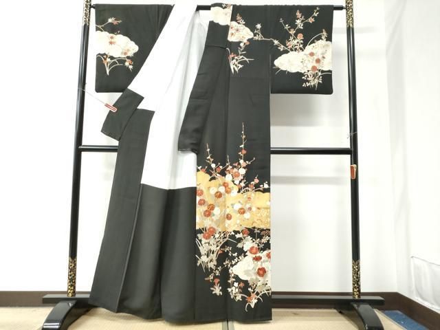 平和屋着物 訪問着 駒刺繍 雲取り草花文 黒地 金彩 正絹 CAAZ3061yc