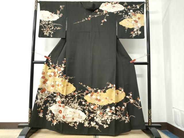 平和屋着物●訪問着 駒刺繍 雲取り草花文 黒地 金彩 正絹 CAAZ3061yc