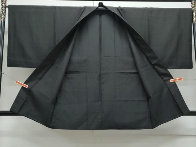 平和屋着物○男性 お召 アンサンブル 色無地 暗黒色 正絹 逸品