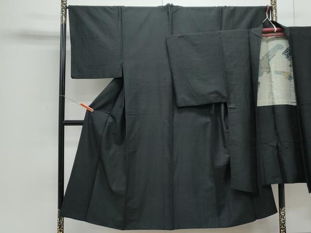 平和屋着物●男性 紬 アンサンブル 色無地 濡羽色 正絹 CAAY9582th