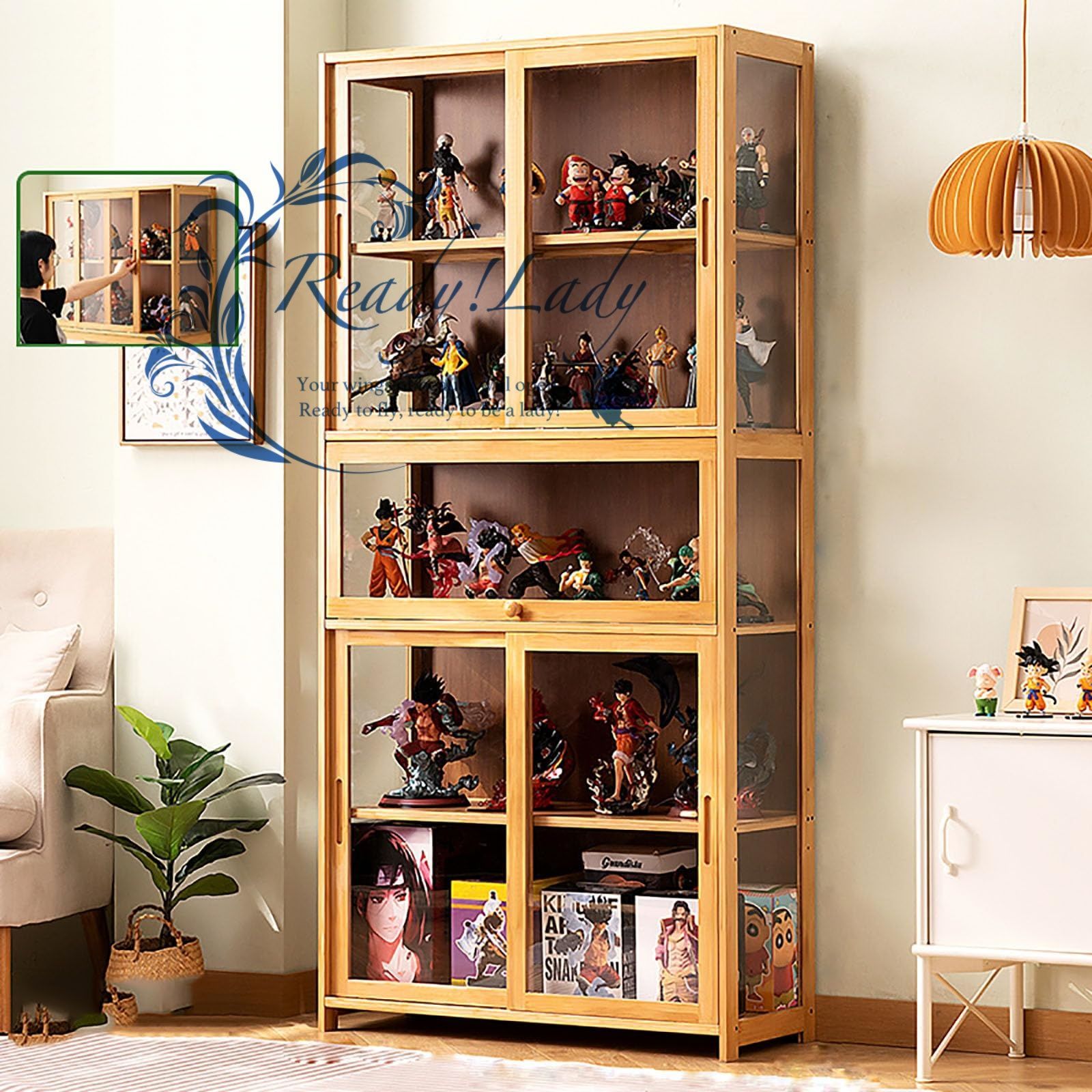 コレクションケース フィギュアケース ショーケース コレクションキャビネット 竹枠 コレクションボード ガラスケース フィギュア グッズ コレクションラック 大容量のストレージ両開きドア 大容量 コレクションボード キ 80*32*170cm 原色