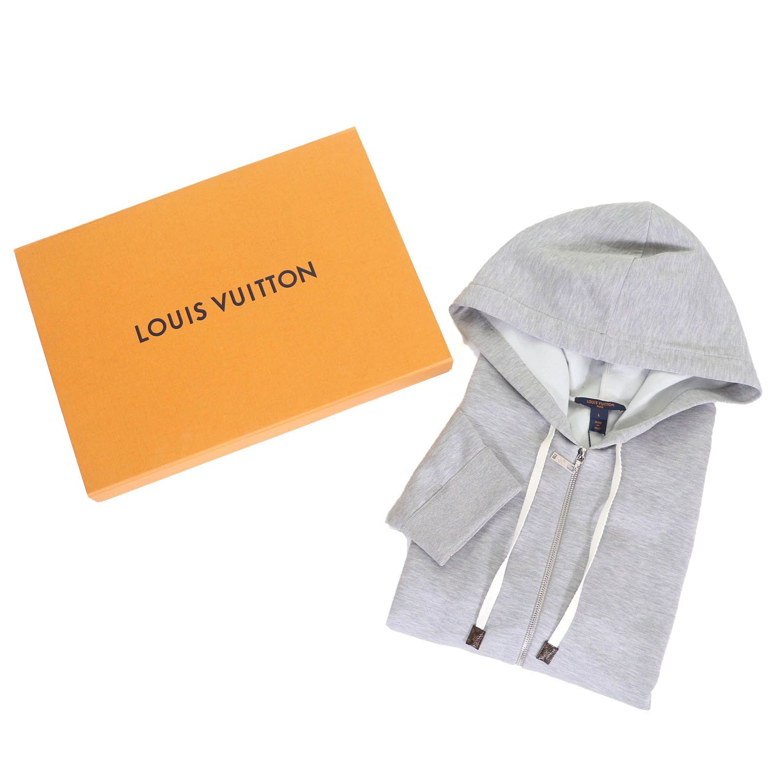 LOUIS VUITTON ルイヴィトン コットン LVスタンプ ジップアップ フーディー パーカー グレー L き イタリア製 レディース