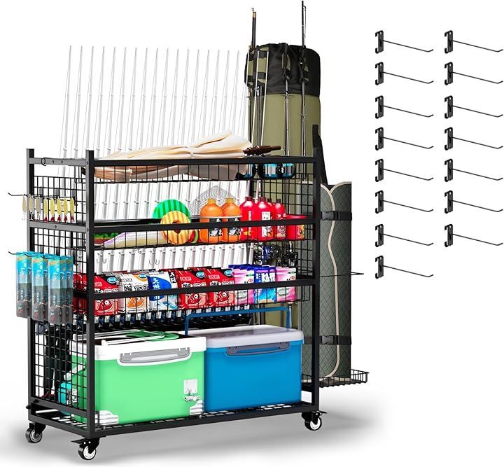 Lhysn ロッドスタンド 釣り竿立て ロッドラック 釣り竿スタンド 釣具 釣り竿収納ラック ロッド立て 最大20本釣り竿収納 大容量 人気 省スペース 頑丈 キャスター|フック付き プレゼント ブラック 142x50x112cm