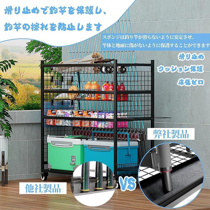 Lhysn ロッドスタンド 釣り竿立て ロッドラック 釣り竿スタンド 釣具 釣り竿収納ラック ロッド立て 最大20本釣り竿収納 大容量 省スペース 頑丈 キャスター フック付き プレゼント ブラック 142 x 50 112 cm