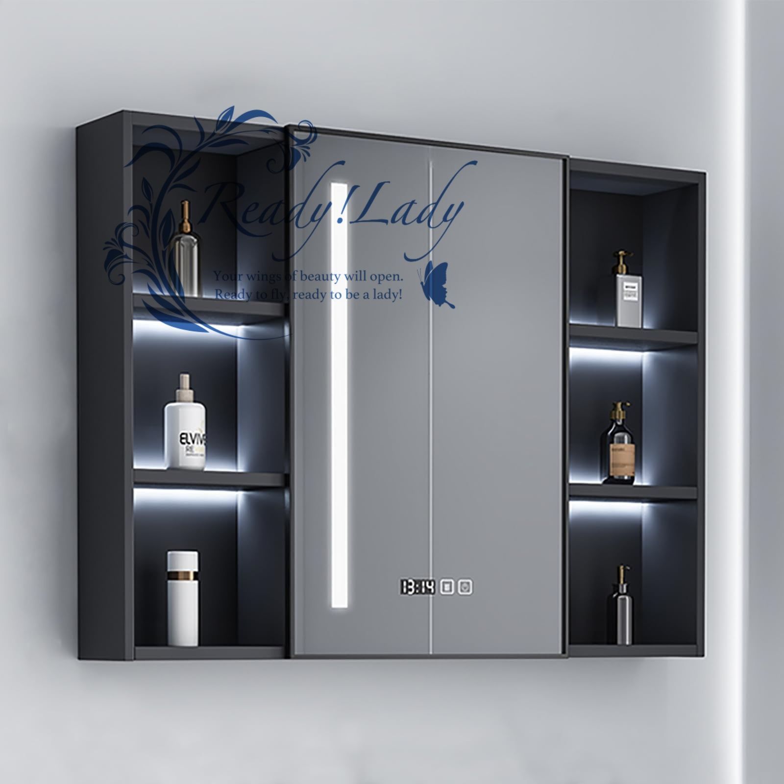 多機能壁掛けミラーキャビネット 浴室お風呂 鏡スマート調光機能付き LED照明ミラーキャビネット洗面所 浴室 ミラー 曇り止め浴室鏡 収納付き 多層収納 防水 ファッション 省スペース 簡単収納 白 100*62*13cm グレー