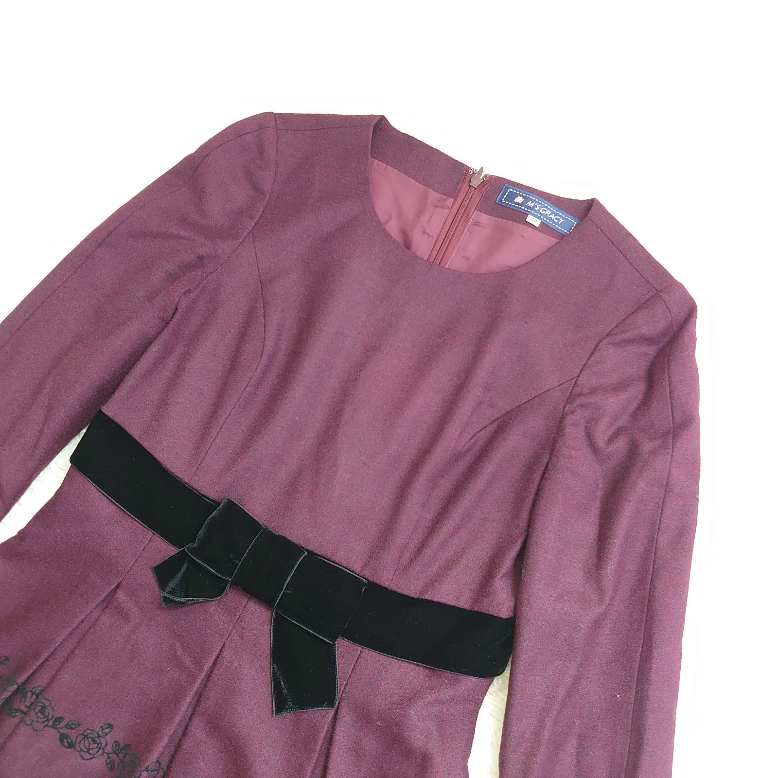 【保障できる！】 エムズグレイシー M S GRACY 長袖 ベロアリボン ワンピース38 限定特価、激安販売。