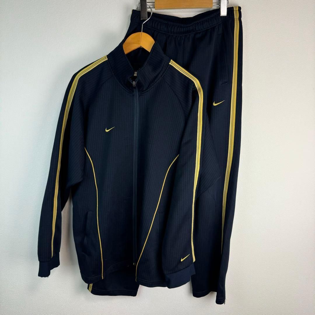NIKE ナイキ セットアップ ジャージ 上下セット トラックジャケット トラックパンツ DRI-FIT ロゴ刺繍 ネイビー ゴールド XLサイズ メンズ 古着 スポーツMIX ストリート Y2K